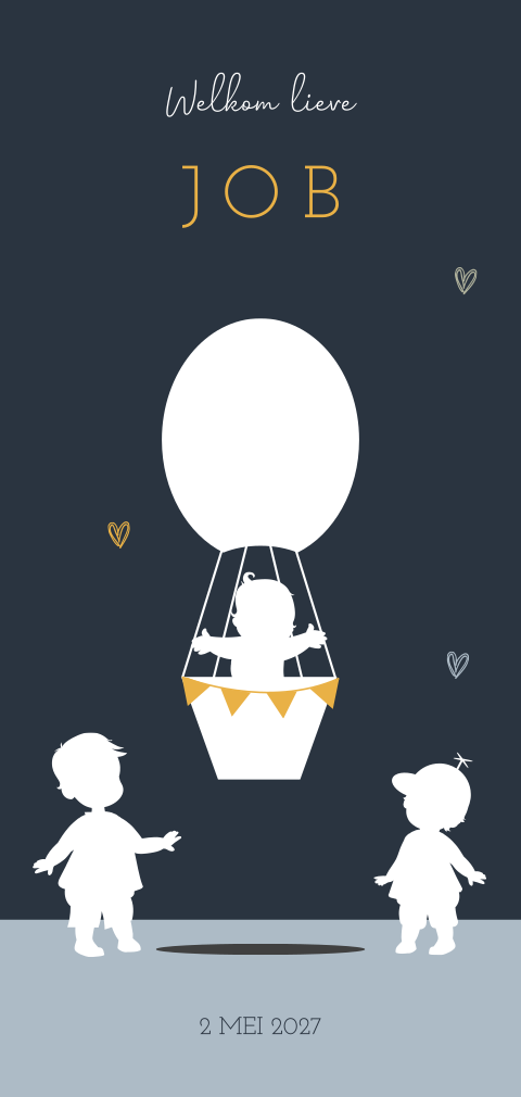 Silhouet geboortekaartje met drie broertjes en een luchtballon