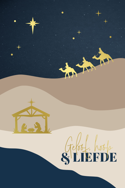 Kerstkaart met kerststal en drie wijzen in goudfolie