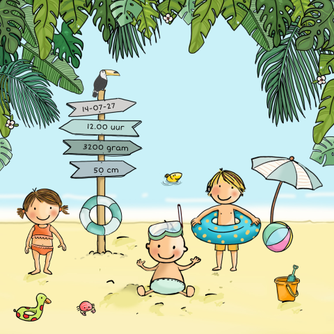 Jongens geboortekaartje met drie kinderen op het strand