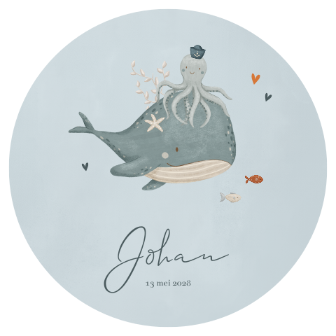 Rond geboortekaartje met walvis en octopus
