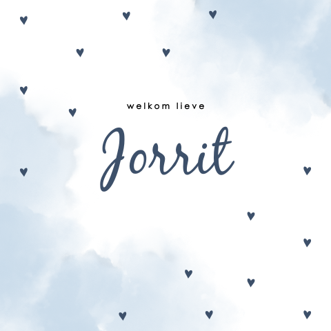 Geboortekaartje jongen met hartjes en blauwe waterverf