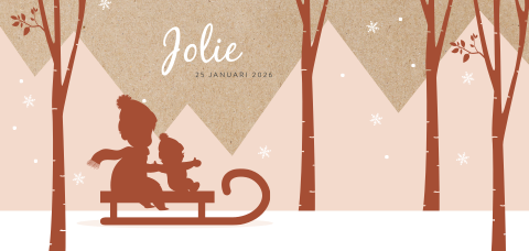 Winter geboortekaartje bergen met broer en zusje op slee