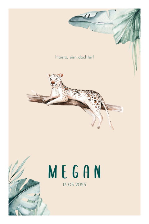 Beige jungle geboortekaartje met luipaard en bladeren voor een meisje
