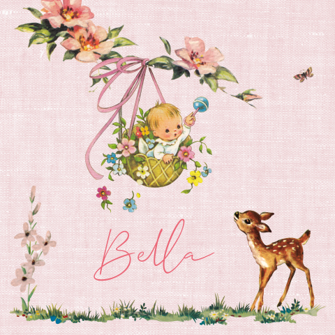 Roze retro geboortekaartje hertje met baby meisje in mandje