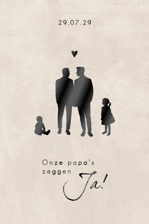 Beige trouwkaart met silhouet gezin in hoogglans zwart