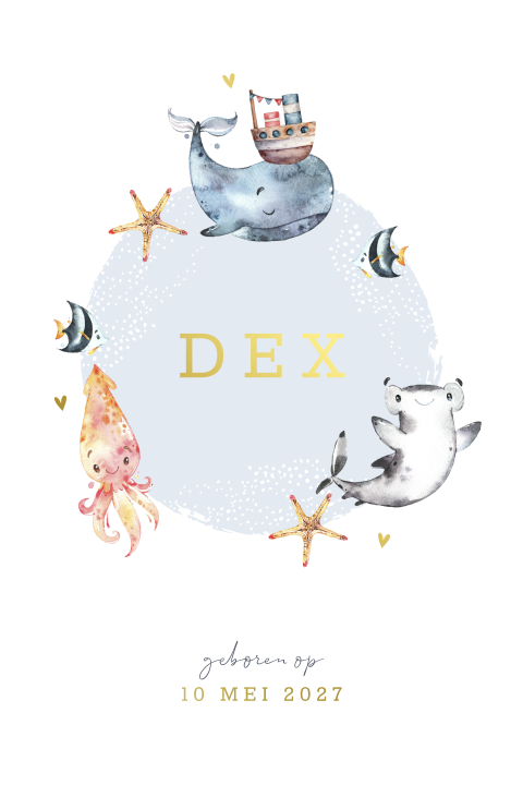 Geboortekaartje met zeedieren en goudfolie typografie