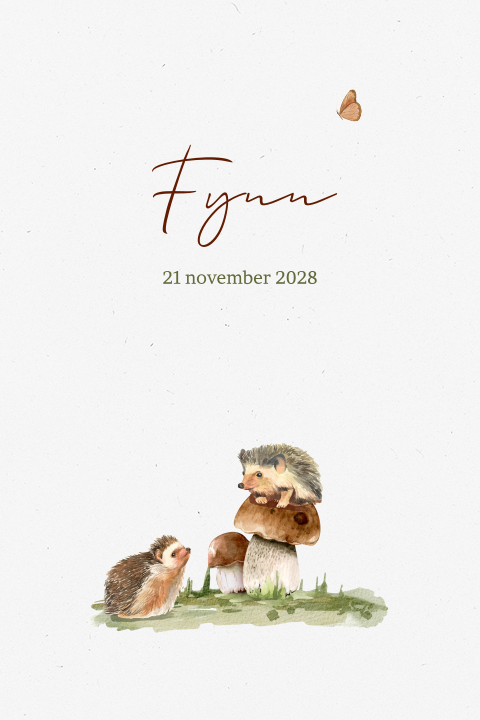Herfst geboortekaartje egel op paddestoel op eco papier