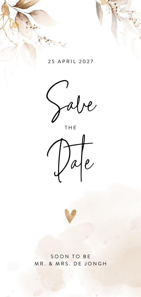 Save the date kaart met beige bladeren en goudkleurige spetters