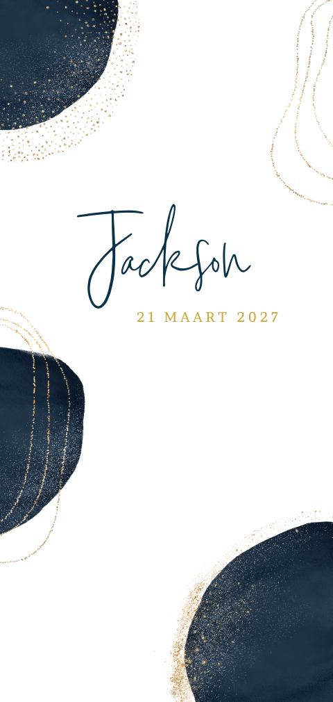 Geboortekaartje jongen met donkerblauwe abstracte vormen