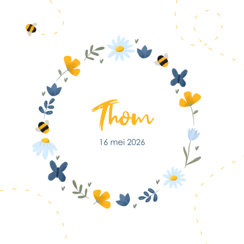 Lente geboortekaartje jongen met krans bloemen, bladeren en bijtjes
