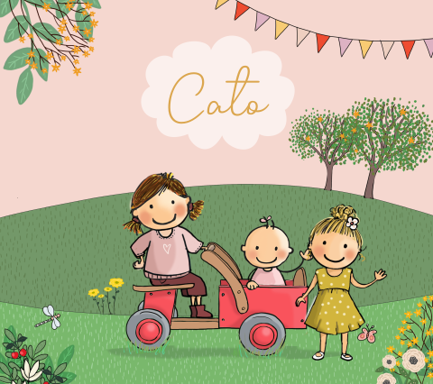 Geboortekaartje meisje met houten bakfiets en drie kinderen