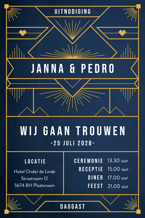 Art deco trouwkaart in donkerblauw en geel