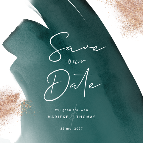 Save the date kaart met zeegroene waterverf en rosé glitters