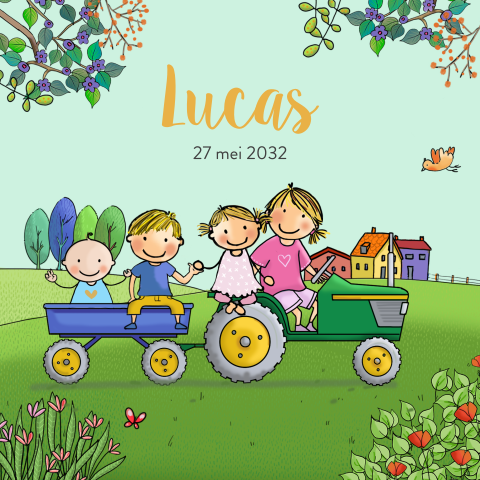 Geboortekaartje 4e kindje tractor met aanhangwagen