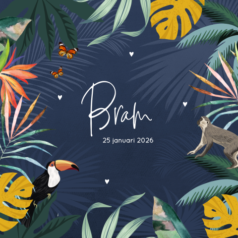 Tropisch geboortekaartje blauw met dieren als toekan en aap