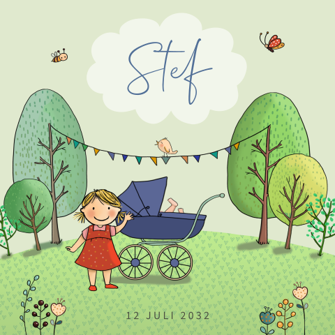 Geboortekaartje zus met baby broertje in kinderwagen