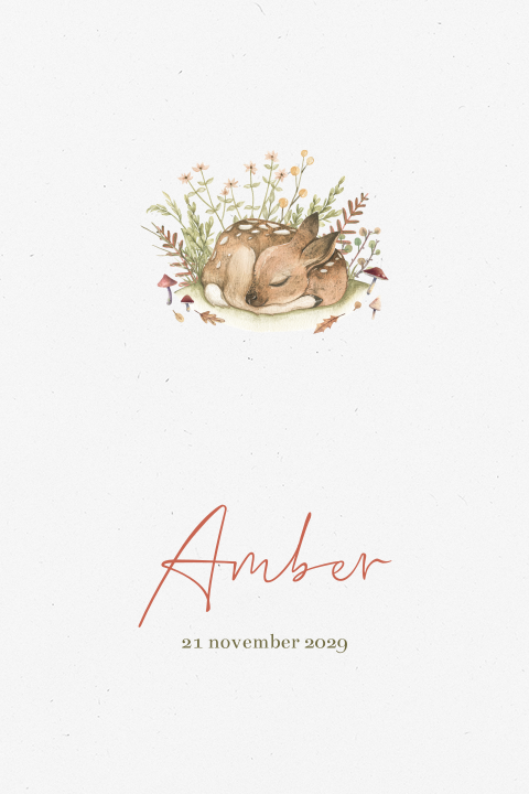Herfst geboortekaartje met lief hertje op duurzaam papier