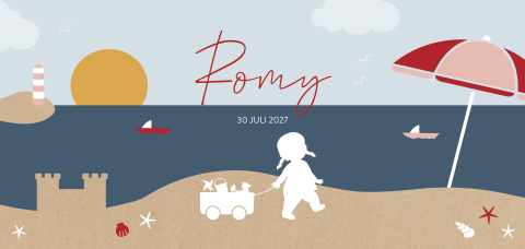 Silhouet geboortekaartje zomer met meisje op het strand