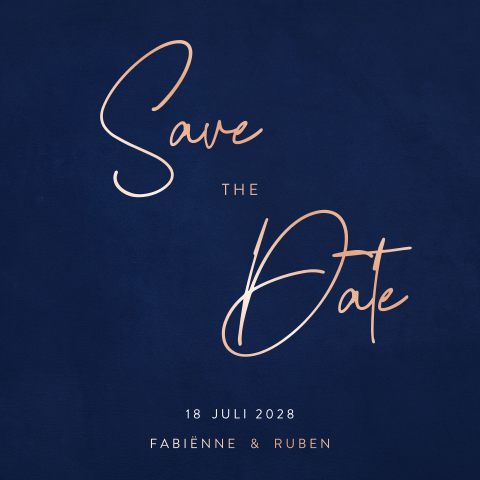 Donkerblauwe save the date kaart met rosegoudfolie