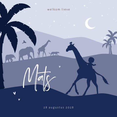 Silhouet geboortekaartje jongen met blauw landschap en safari dieren