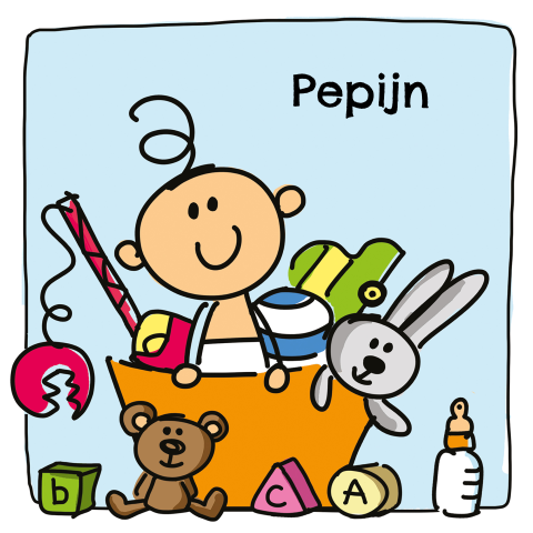 Getekend geboortekaartje blauw baby jongen met speelgoeddoos