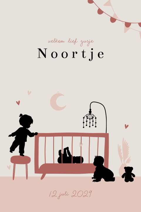 Geboortekaartje baby meisje in wieg met grote zus en broertje