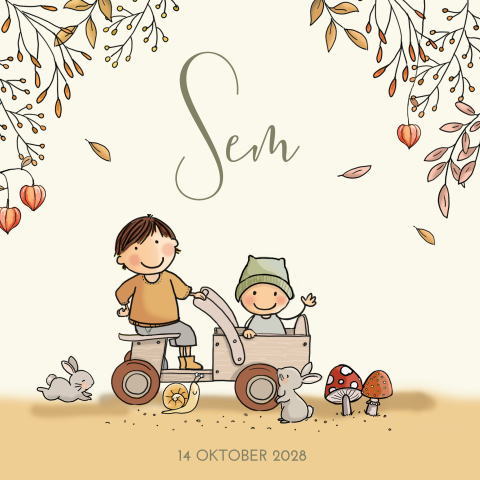 Herfst geboortekaartje broer met baby jongen in houten kar