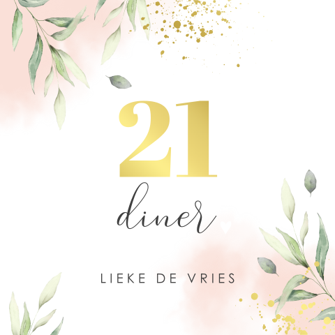 21 diner uitnodiging met blush waterverf en goudfolie