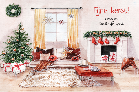 Getekende kerstkaart met huiskamer in kerstsfeer