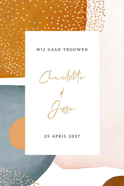 Abstracte trouwkaart met aquarel vlekken in roze, blauw en roestbruin