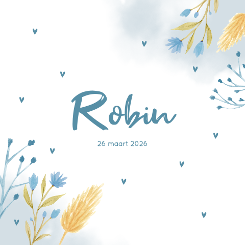 Lente geboortekaartje jongen met blauwe aquarel bloemen