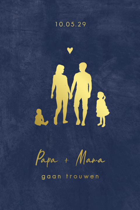 Blauwe save the date kaart met goudfolie silhouetjes gezin