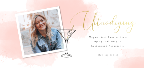 Uitnodiging 21 diner met roze waterverf en goudfolie