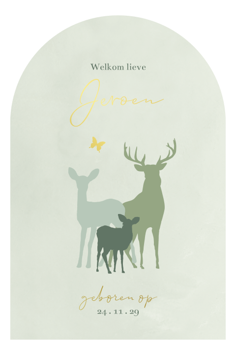 Groen geboortekaartje met hertjes familie