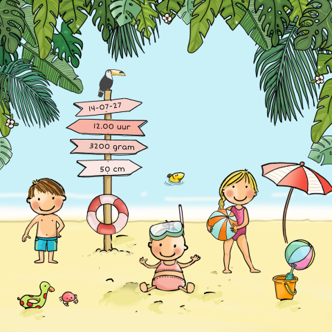 Meisjes geboortekaartje met drie kinderen op het strand