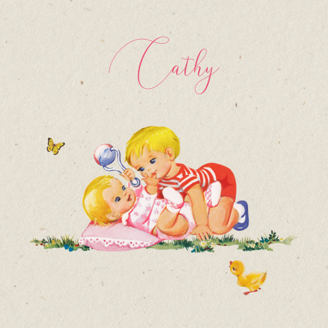 Geboortekaartje met grote broer en baby zusje die samen spelen