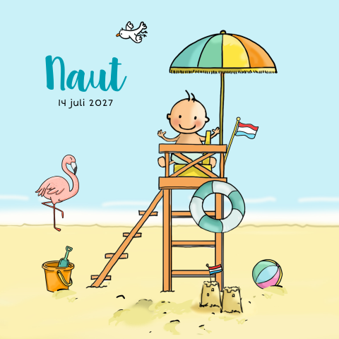 Zomer geboortekaartje met baby jongen op uitkijkstoel