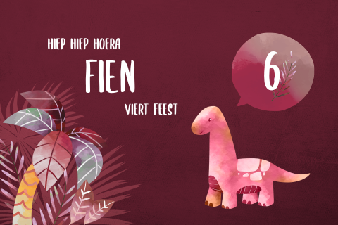 Donkerroze uitnodiging kinderfeestje met roze dino en bladeren