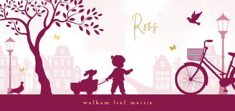 Hollands geboortekaartje met meisje in stad