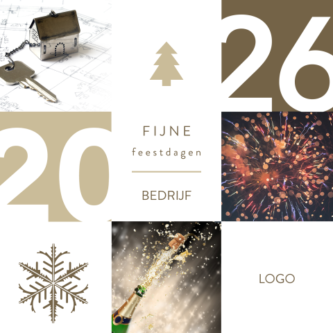 Kerstkaart vastgoed met 2026, foto's en bruine vlakken
