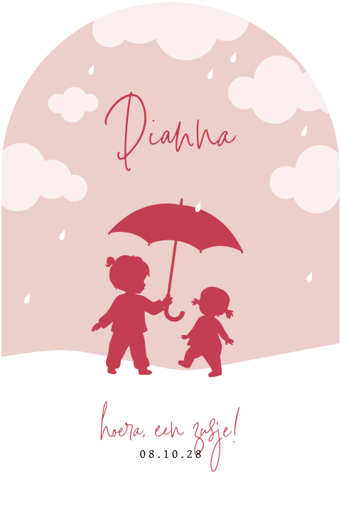 Geboortekaartje met grote zus en baby zusje in de regen