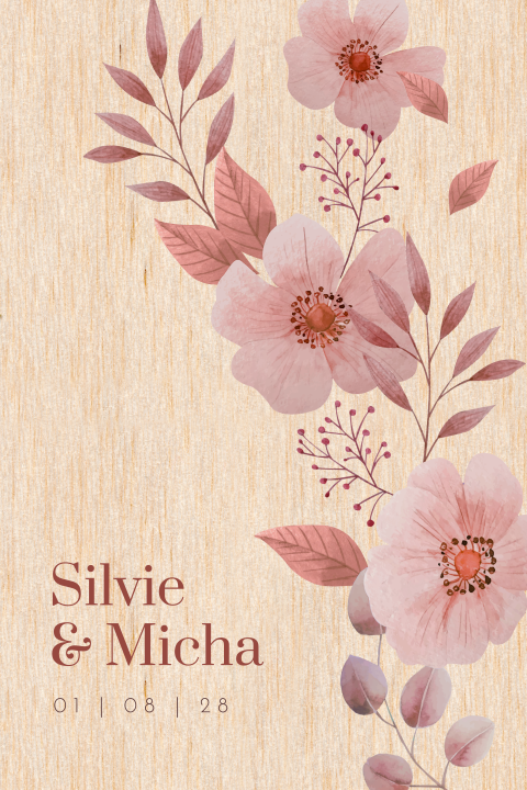 Botanische trouwkaart van hout met roze bloemen