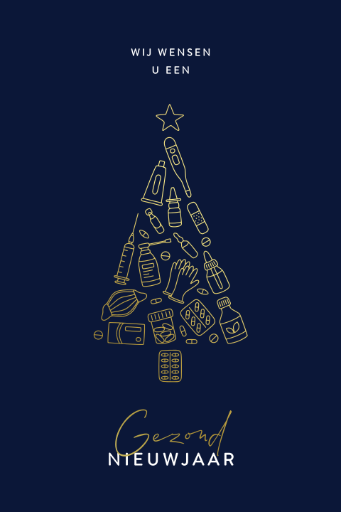 Goudfolie kerstkaart met kerstboom van medische items