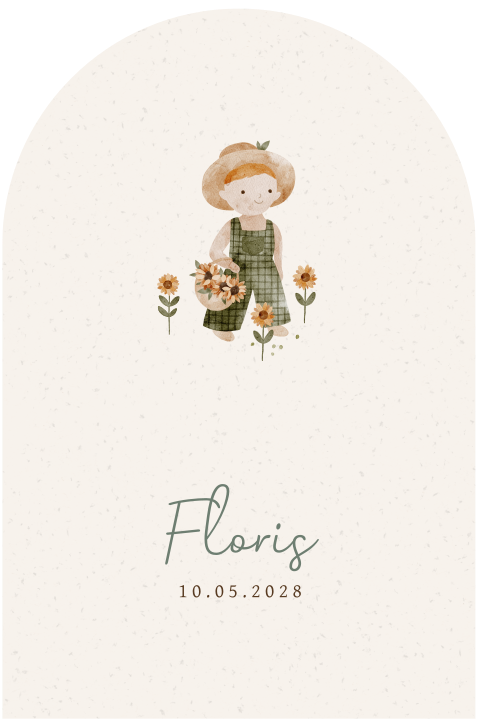 Beige geboortekaartje met boerenjongen en zonnebloemen