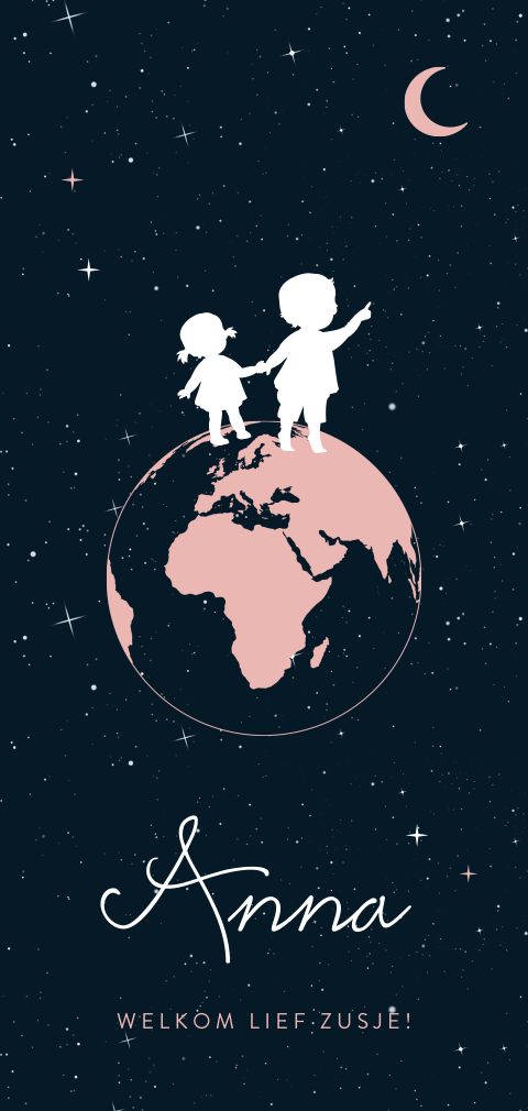 Geboortekaartje silhouette broer met meisje op wereldbol