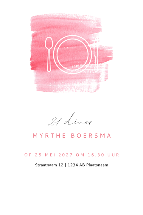 Uitnodiging 21e verjaardag met roze waterverf en bord