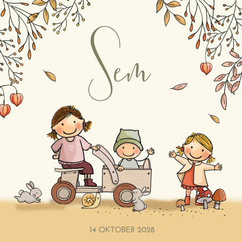 Herfst geboortekaartje 3e kind met jongen in houten kar