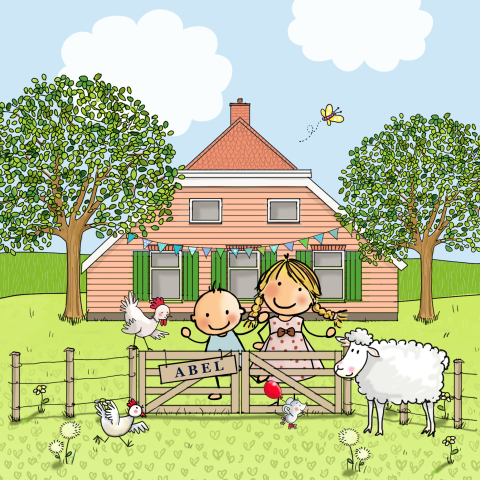 Geboortekaartje grote zus met baby broertje op boerderij