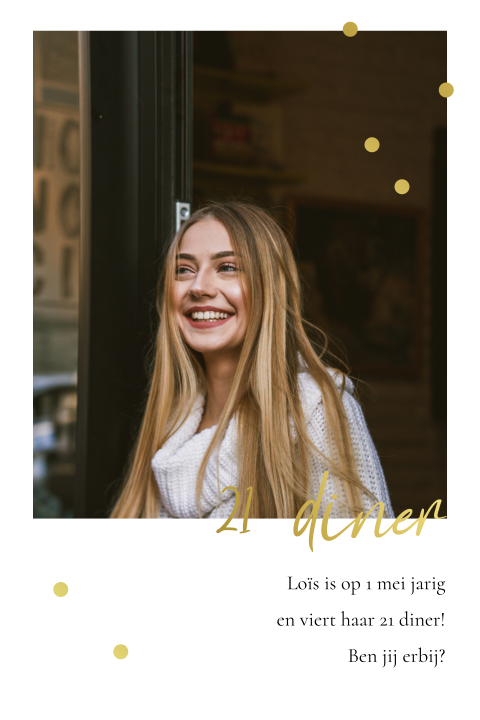 21 diner uitnodiging met goudfolie confetti en foto