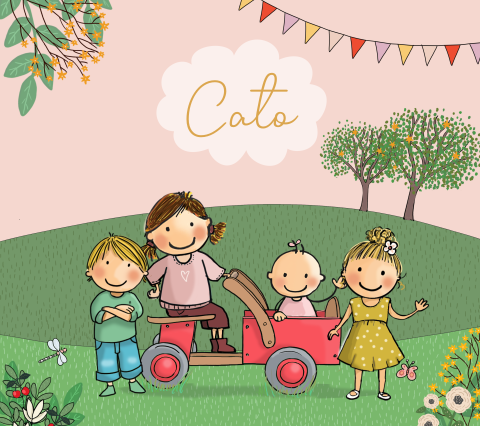 Geboortekaartje meisje met houten bakfiets en vier kinderen